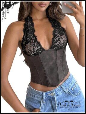 Lace Pu Leather Halter Top Open Back Deep V Neck Sleeveless Corset Crop Tops